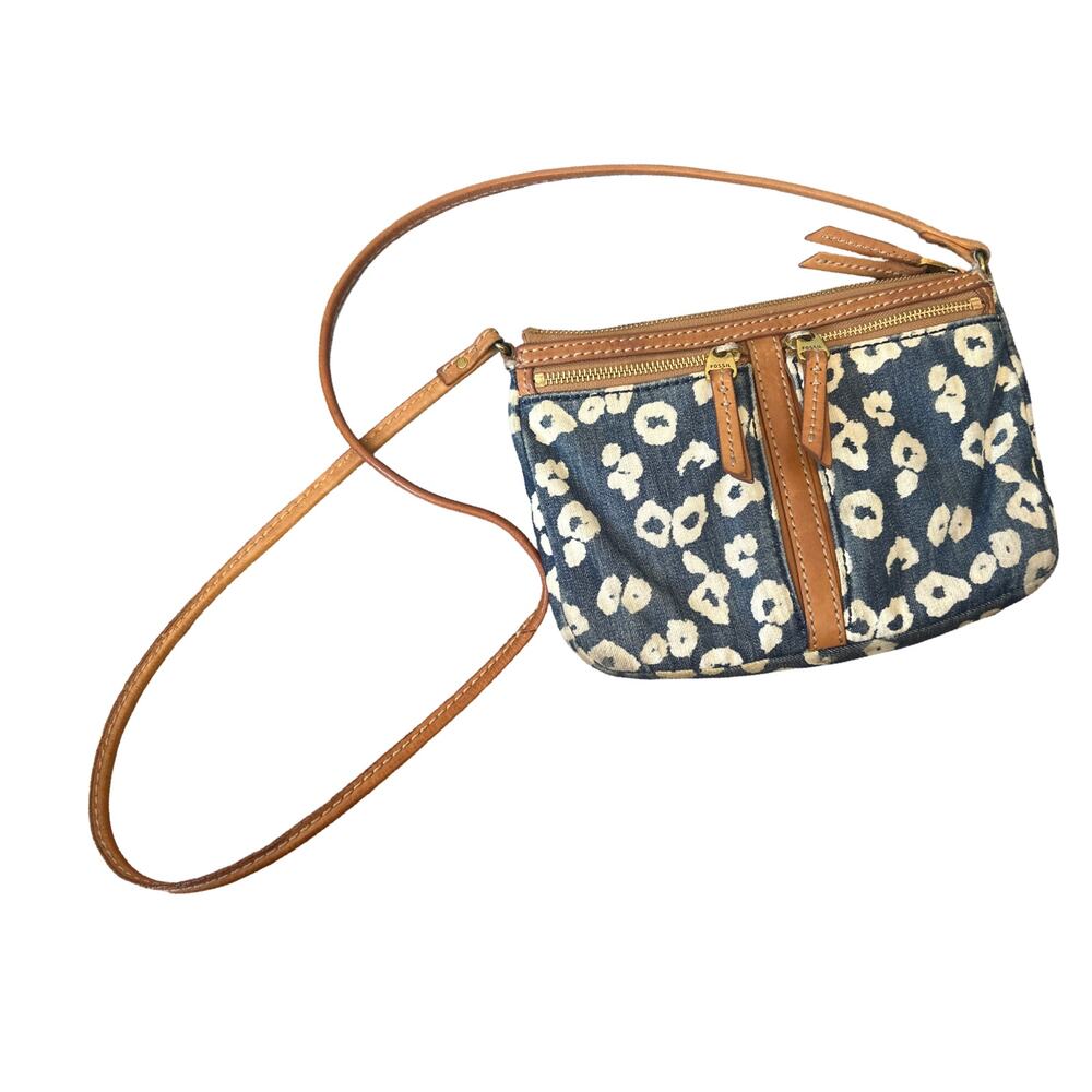 Vintage Y2K Fossil Denim & Leather Crossbody — 10 x 6.5", Organizer Style